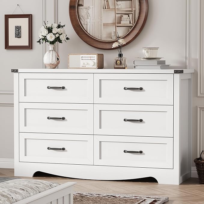 Dresser for Bedroom with 6 Drawers, 54" Wide Wood Chest of Drawers with Deep Drawers & Mental Handle, Modern Dresser TV Stand, Wooden Closet Storage Organizer for Living Room, Hallway, Entryway, White