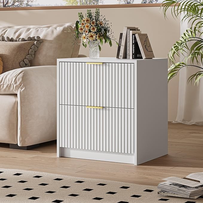 Set of 2 Fluted Nightstand with 2 Drawers, Modern Storage Bedside Table with Golden Metal Handles, Wooden End Table for Bedroom, White