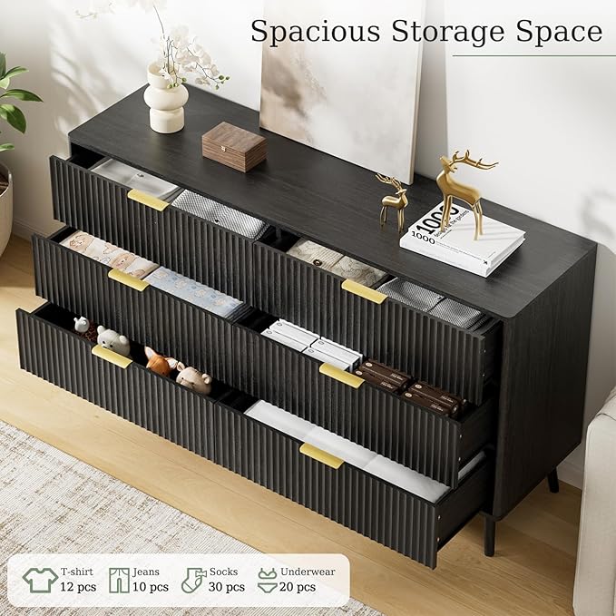 LYNSOM Fluted Dresser and Nightstand Sets 3 Piece, 6-Drawers Dresser and 1-Drawer Nightstands Set of 2, Wood Bedroom Furniture Set for Home, Bedroom, Hallway, Black