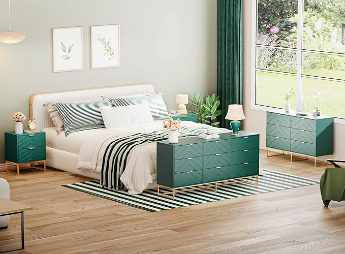 Anbuy 3 Pieces Bedroom Sets, 6 Drawer Dresser and Nightstand Sets for Bedroom, Night Stand Set of 2 & 6 Drawer Dresser with Gold Handles, Morden Wood Chest of Drawers Storage Cabinet Set, Green