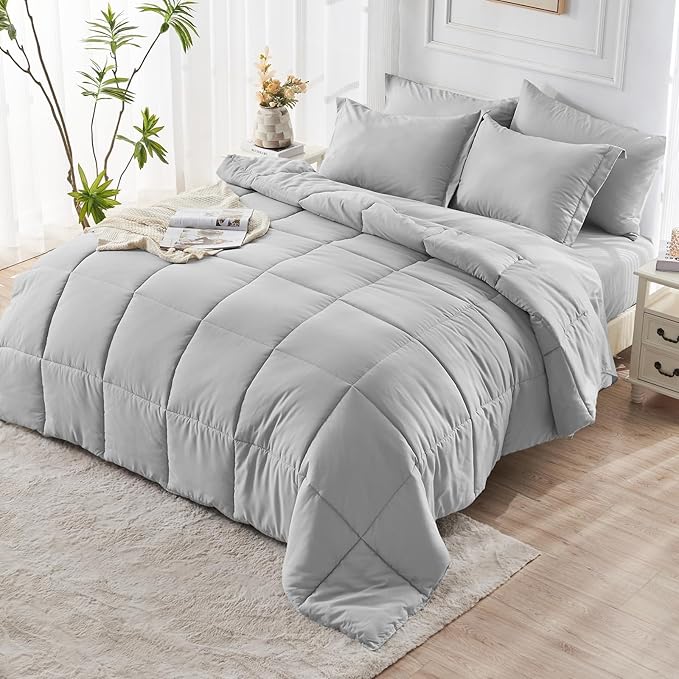 JOLLYVOGUE Full Comforter Set, Ultra-Soft Bed in a Bag Full Size 7 Pieces, Oeko-TEX Certified Bedding Set with Down Alternative Comforter, Sheets, Pillowcases & Shams, Light Grey