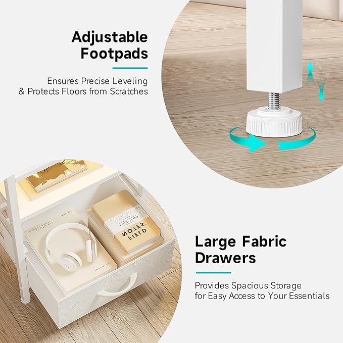 Night Stand Bedside Charger Bedroom - Nightstand with Charging Station, 2 U-S-B Ports & 2 AC Outlets, Tall Bed Side Table with LED Light Strip, Storage Shelf & 4 Fabric Drawers, White