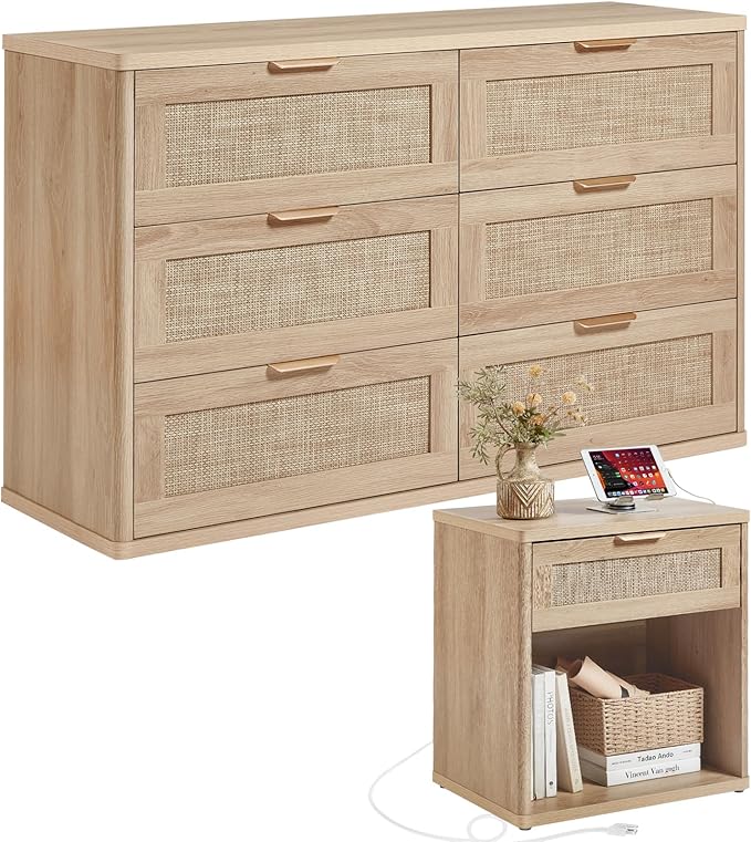 LEYAOYAO Rattan Dresser and Nightstand Set of 2, Boho Wood Dresser for Bedroom with 6 Drawers and Night Stand with Charging Station, Bedroom Furniture, Dressers & Chests of Drawers,Living Room,Hallway
