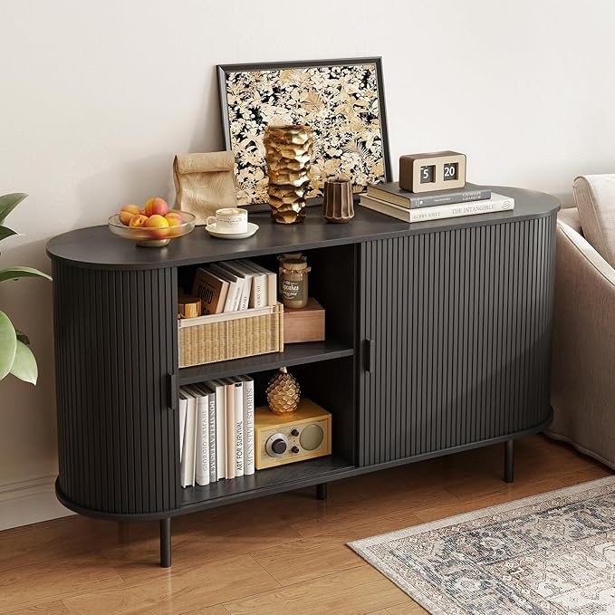 ONBRILL 55" Sideboard Buffet Cabinet with Storage, Storage Cabinet with Sliding Door & Adjustable Shelf, Modern Accent Coffee Bar Cabinet Console Table for Kitchen, Entryway, Black