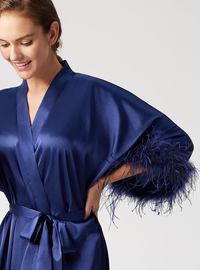 PRODESIGN Satin Kimono Robe Long Silky Bathrobe with Ostrich Feather Trim Sleepwear Wedding Bridesmaid Dressing Gown