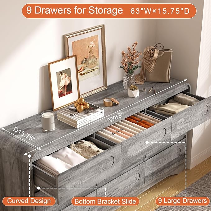 4 Piece Bedroom Set, Dresser and Nightstand Sets, Including Modern Wooden Large 9 Drawers Dresser and Tall 6 Drawer Dressers & Night Stand Set of 2 for Bedroom, Grey