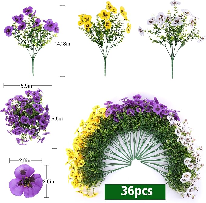 36 Pcs Artificial Fake Pansy Flowers for Outdoor, Faux Silk Pansies Spring Flowers for Outside for Planter Front Door Porch Yard Patio Window Box Home Decor (36, Purple, Yellow, White)
