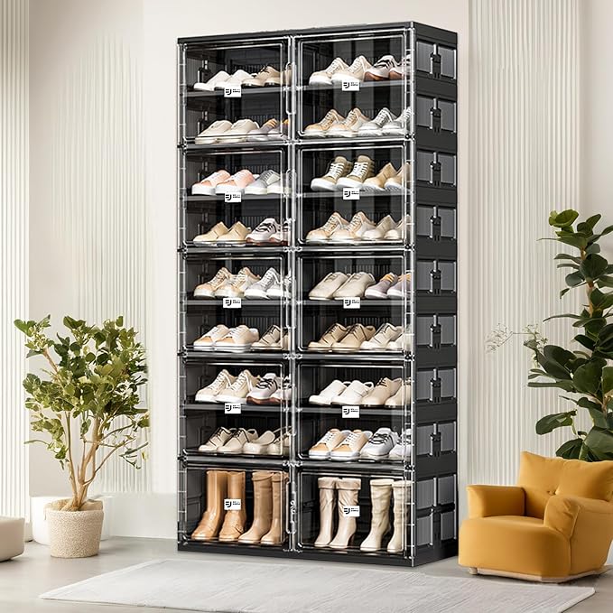 36 Pairs Portable Shoe Storage Cabinent of 3-Step Fast Installation,Plastic Shoe Box with Magnetic Clear Door for Entryway, Enclosed Shoe Rack for Sneaker, Heels etc.. (2Row, 9Tier)