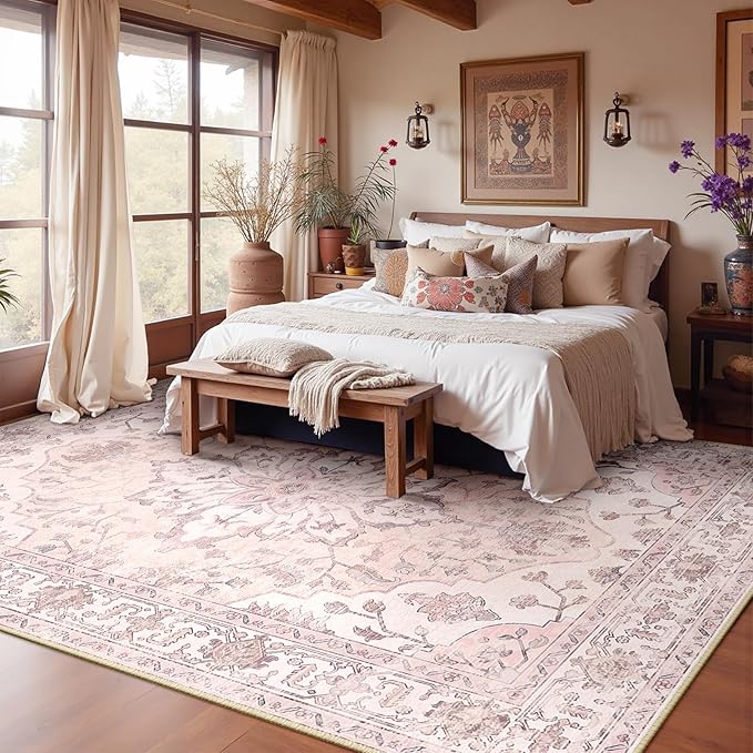 Area Rugs 10'x14' Washable Non-Slip, Floral Vintage Distress Print Pattern Medallion Carpet for Living Room Bedroom Dining Room, Pink Greypink Cute