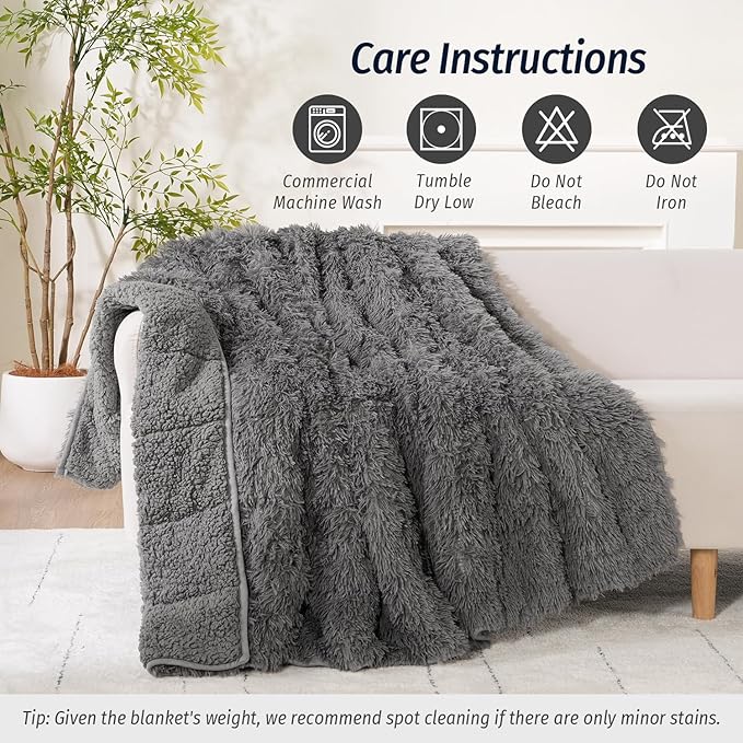 Wemore Shaggy Long Fur Faux Fur Weighted Blanket, Cozy and Fluffy Plush Sherpa Long Hair Blanket for Adult 15lbs, Fluffy Fuzzy Sherpa Reverse Heavy Blanket for Bed, Couch, Grey, 60 x 80 Inches