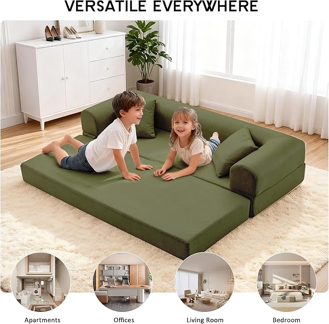 78.5" Convertible Sleeper Sofa Bed, Faux Leather Deep Seat Folding Floor Sofa with Pullout Bed & 2 Pillows, No Assembly Modern Boneless Couch Compression Sofa in Box for Living Room, Office, Green