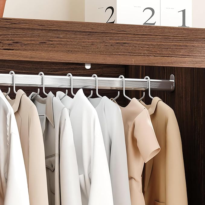 4 Door Armoire Wardrobe Closet Cabinet with 3 Drawers and Drawers, Farmhouse Bedroom Armoire with Hanging Rod and Adjustable Shelves, Large Capacity Storage Wardrobe Armoire for Bedroom, Brown