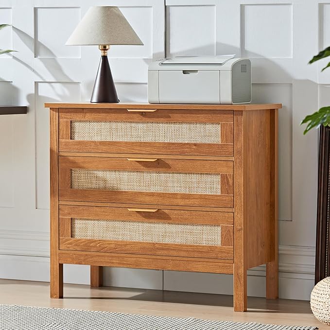 LEYAOYAO 31.5" Wide Rattan Nightstand, Large Boho 3 Drawer Night Stand, Tea Brown Bedside Table with Storage, Tall Bed Side End Tables, Chest of Drawers Dressers for Bedroom, Living Room, Hallway