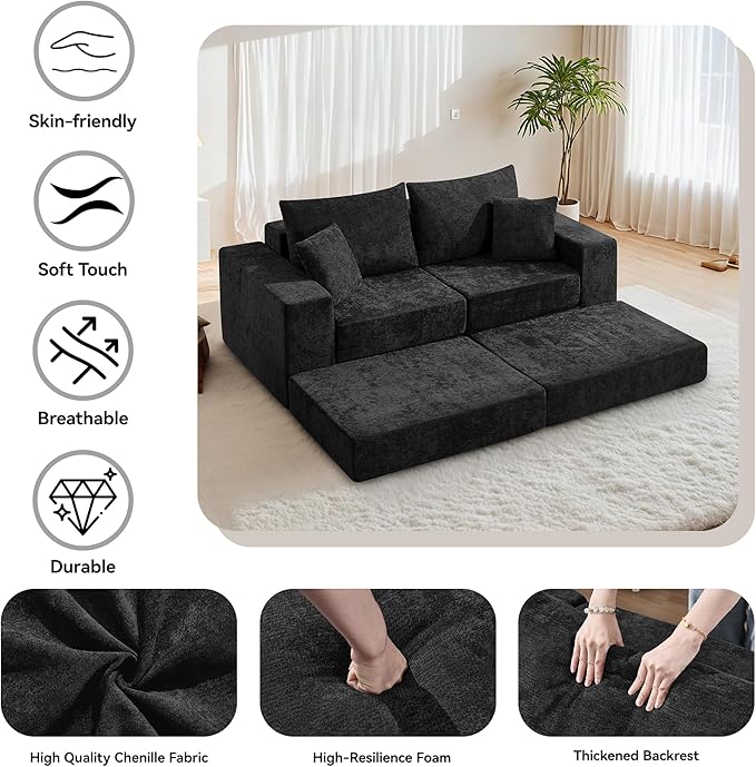 Boneless Modular Sectional Loveseat Couch with Ottoman, Convertible Floor Sleeper Sofa Bed, Comfy Foldable Compression Love Seat Sofa for Living Room, No Assembly, Black
