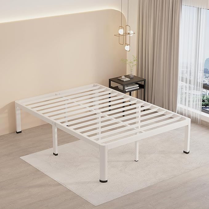 MAF 16 Inch Full Size Bed Frame White with Round Corner Legs Mattress Slide Stopper No Box Spring Needed Heavy Duty Metal Platform Bed Frames Under-Bed Storage Space, 3000 LBS Steel Slats Support
