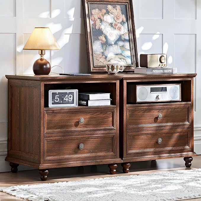 24" Wide Farmhouse Nightstand Set of 2 with Charging Station,End Table with 2 Drawers,Brown Wood Dresser for Bedroom Cabinet, Bed Side Table Chest of Drawers, Night Stand for Living Room