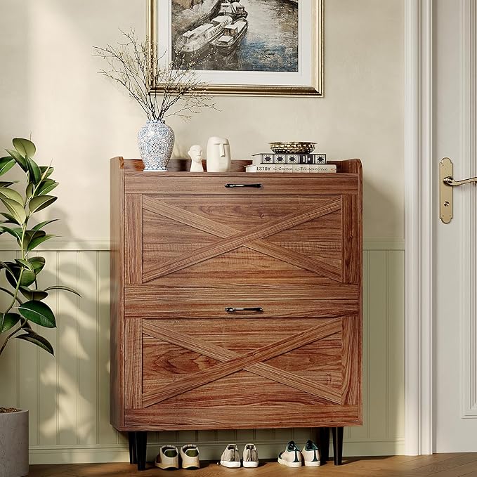 VINGLI Shoe Storage Cabinet for Entryway with 2 Flip Drawers, Ultra Slim Freestanding Entryway Shoe Organizer with Wood Tapered Legs,Hidden Closed Shoe Rack,31.6" W * 9.4" D * 39.4" H, Walnut