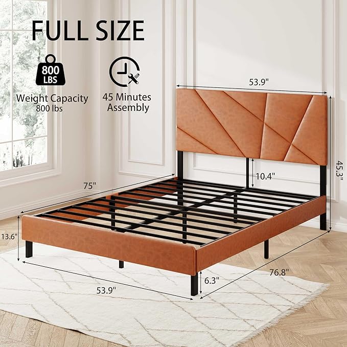 Upholstered Full Size Platform Bed Frame with Faux Leather Padded Headboard, Sturdy Metal Slats Support, No Box Spring Needed, Vintage Brown