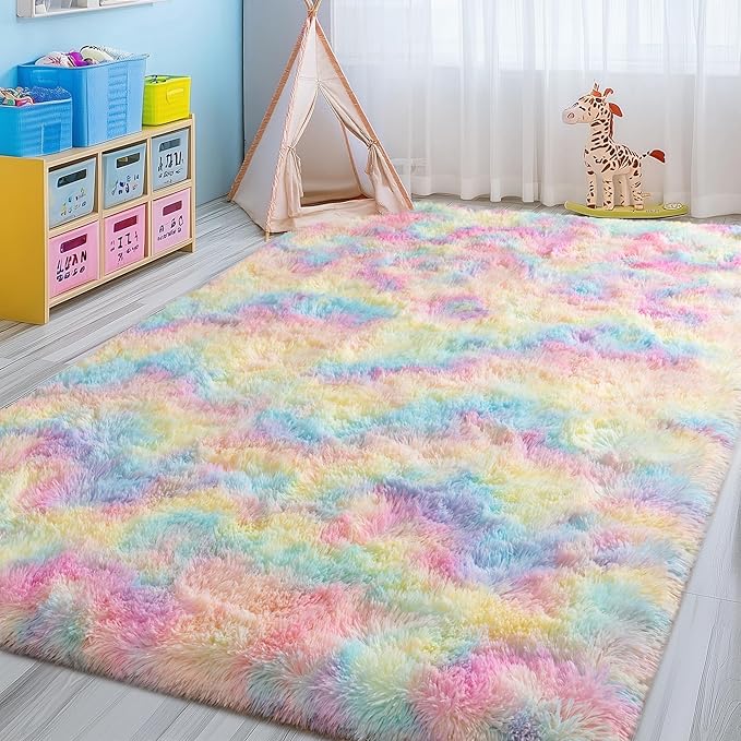 8x10 Fluffy Rainbow Rug for Living Room, Large Colorful Tie Dyed Shaggy Area Rugs for Bedroom Girls Kids Room, Soft Non Slip Fuzzy Shag Rug for Nursery Dorm Home Decor