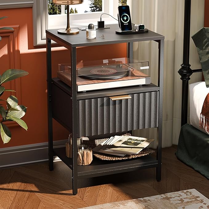 VINGLI Nightstand with Charging Station, Fluted Night Stand with Fabric Drawer, Bedside Table/Small Night Stand with Charger Station for Bedroom, Dorm, 14.96" W*11.81" D*23.7" H