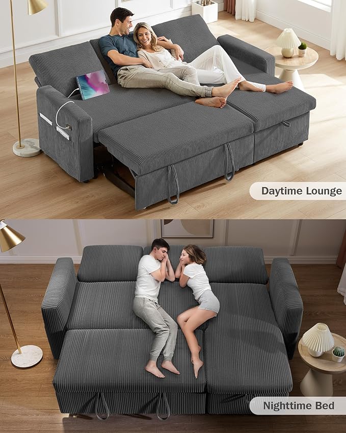 Vipbear 80" Sectional Sleeper Sofa Bed with Pull Out Bed, L Shaped Couch Pull Out Couch with Reclining Backrest, Reversible Storage Chaise, USB Ports, Tool-Free Assembly, Corduroy Grey
