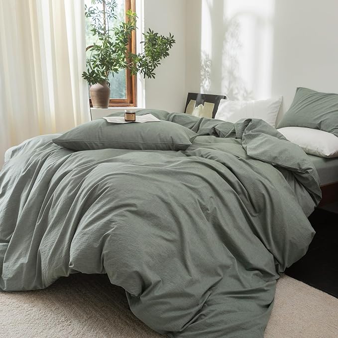 FOSSA Duvet Cover Set 100% Washed Cotton Linen Feel Super Soft Breathable Cozy Simple Style 3 Pieces Bedding Sets Solid Heathered Green Queen
