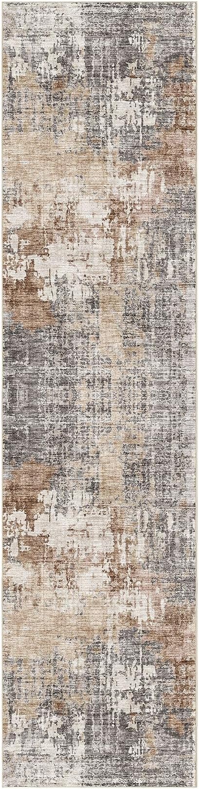 Washable Runner Rug for Hallway: 3x12 Neutral Modern Abstract Low Pile Area Rug with Non-Slip Backing - Carpet for Bedroom Kitchen Laundry Entryway Bathroom Indoor - Grey Brown