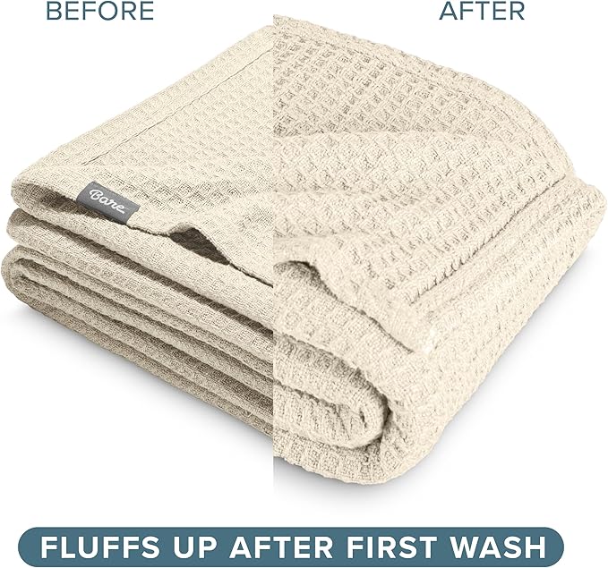 Bare Home Oyster Waffle Blanket, Throw Size 44Wx66L, 100% Cotton, Soft & Breathable for All Seasons, Lightweight, Perfect for Layering Bed, Sofa & Couch (Throw/Travel, Oyster)