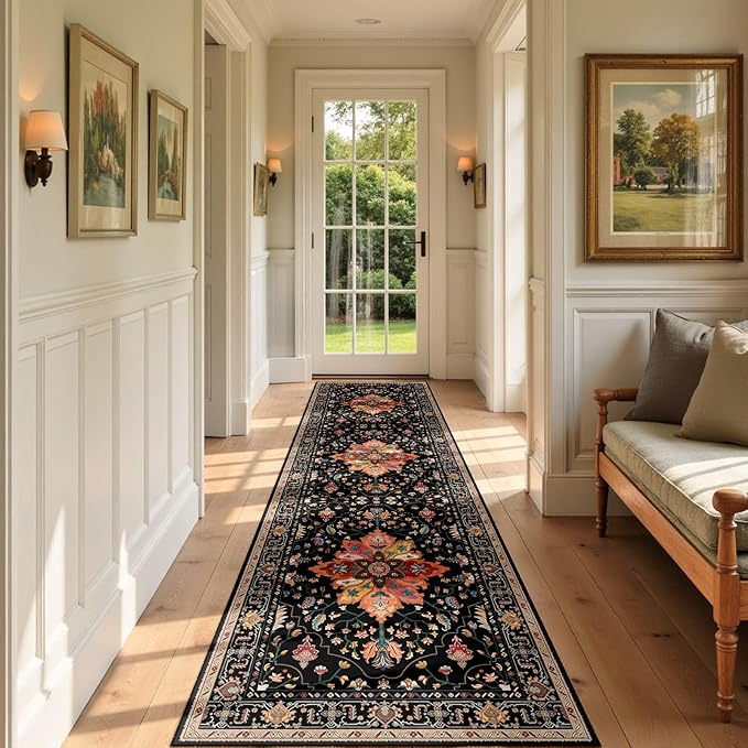 Area Rugs 3'x9' Washable Non-Slip, Floral Vintage Distress Print Pattern Medallion Carpet for Living Room Bedroom Dining Room, Black Colorful Floral Dark Tan