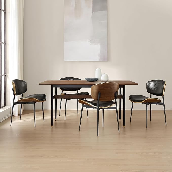 Art Leon Dining Chairs Set of 4, Walnut Bentwood, Mid Century Modern Dining Room Chairs, Faux Leather Upholstered Desk Chair with Black Metal Legs, Black