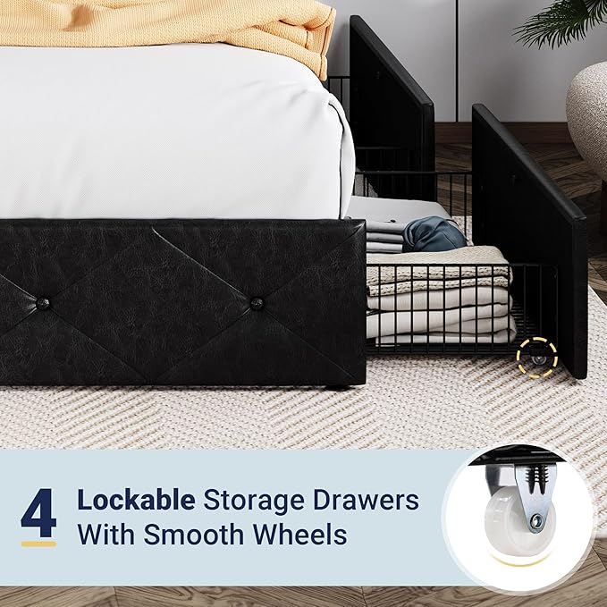 Allewie Upholstered Queen Size Platform Bed Frame with 4 Storage Drawers and Headboard, Diamond Stitched Button Tufted, Mattress Foundation with Wooden Slats Support, No Box Spring Needed, Black