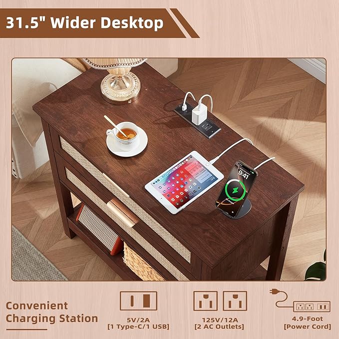 LEYAOYAO 31.5" Wide Rattan Night Stand with Charger Station, Oversized Large Walnut Nightstand with 2 Drawer, Boho Bed Side End Tables with Storage, Tall Bedside Table for Bedroom Living Room, Hallway