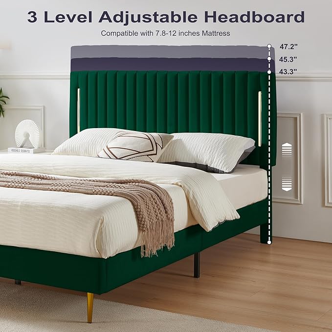 King Platform Bed Frame, Velvet Upholstered Bedframe with Vertical Channel Adjustable Headboard, Golden Plating Trim, Mattress Foundation with Wooden Slats, No Box Spring Needed, Green