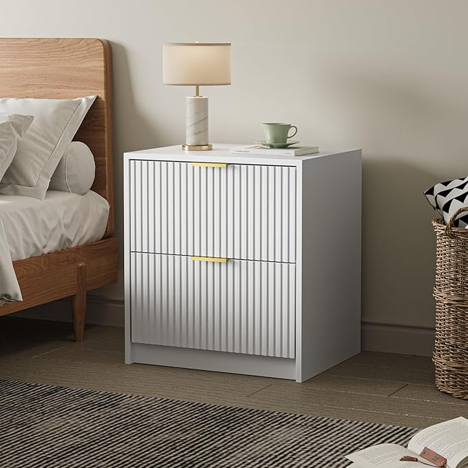 Set of 2 Fluted Nightstand with 2 Drawers, Modern Storage Bedside Table with Golden Metal Handles, Wooden End Table for Bedroom, White