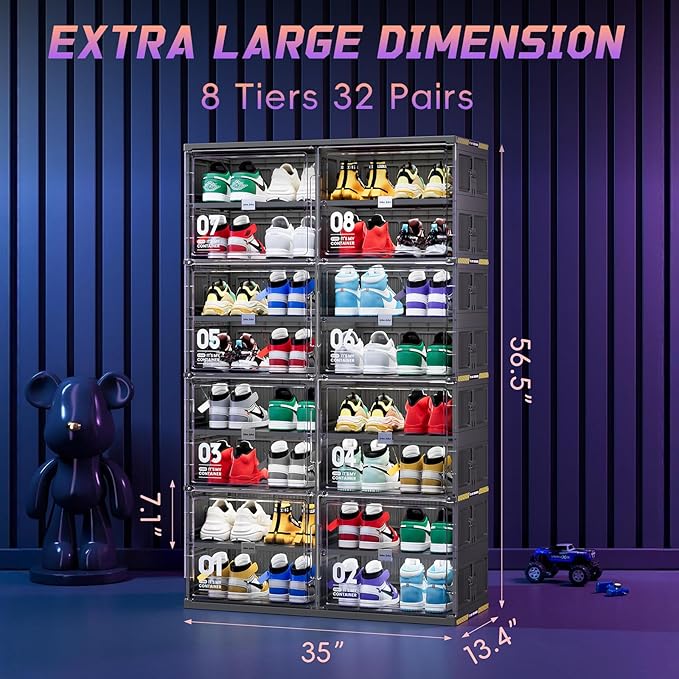 JEKO&JEKO 8-Tier Double-Column Foldable Shoe Storage Cabinet with Magnetic Doors, Large Collapsible Shoe Rack Organizer for Entryway, Fits Up to 32 Pairs, Black
