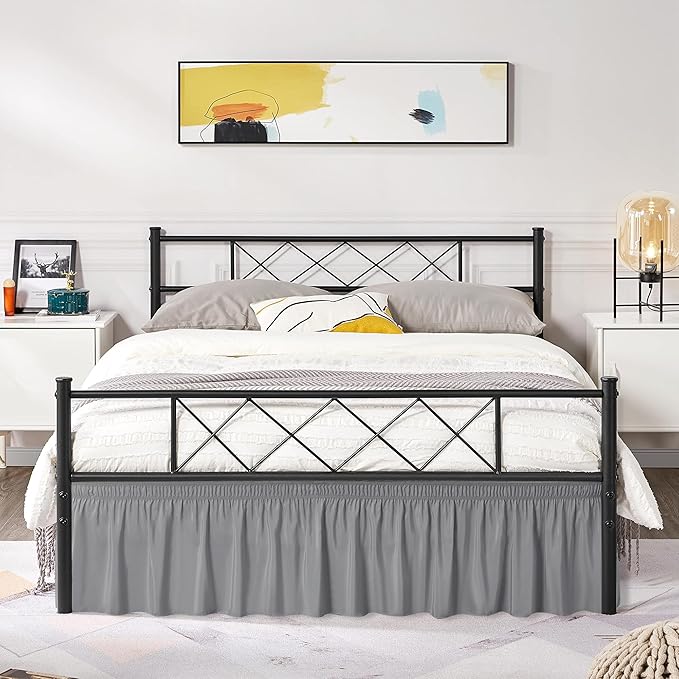 Biscaynebay Wrap Around Bed Skirts with Split Corners for Queen Beds 15" Drop, Silver Grey Adjustable Elastic Dust Ruffles Easy Fit Wrinkle Resistant Silky Luxurious Fabric Machine Washable