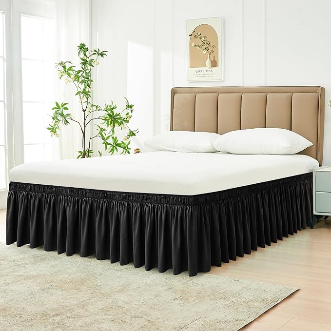 Biscaynebay Wrap Around Bed Skirts for King & Cal King Beds with Extra Long Drop of 25", Black Adjustable Elastic Dust Ruffles Easy Fit Wrinkle Resistant Silky Luxurious Fabric Machine Washable