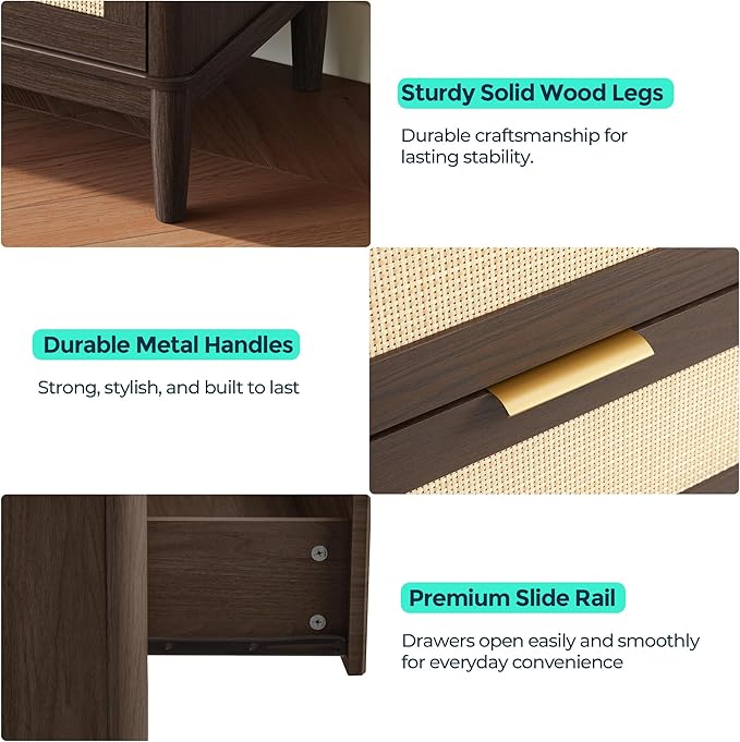LINSY Rattan 9 Drawer Dresser for Bedroom, 58" Wide Mid-Century Modern Tall Chest of Drawers, Deep Storage Dresser with Curved Corner Design, Large Accent Wood Cabinet for Bedroom, Walnut