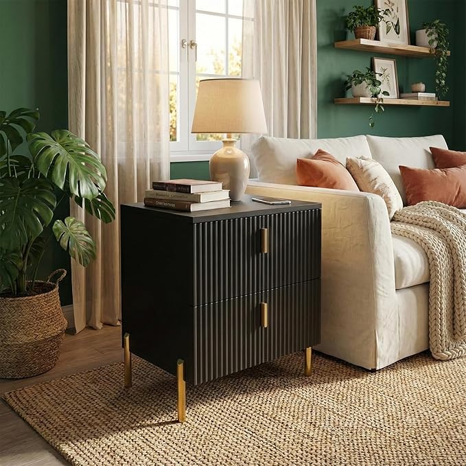 Luxury Fluted Night Stand Set of 2, Nightstand with 2 Drawers, Modern Bedside Table with Golden Legs and Handles, End Tables for Living Room Bedroom, Black