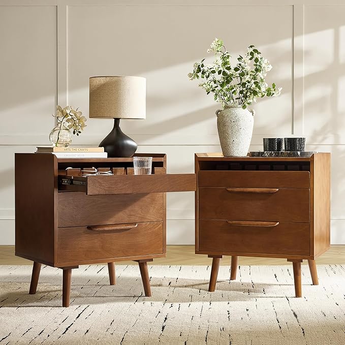 HULALA HOME 2 Drawer End Table with Pull-Out Shelf, Mid-Century Modern End Table with Wood Legs, Wood Side Table with Charging Station(Acorn, Set of 2)