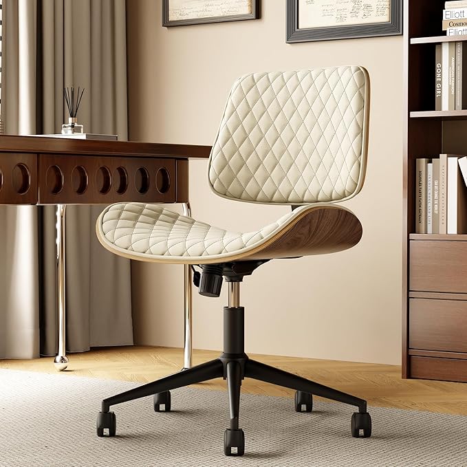 Home Office Desk Chair with Wheels, Armless Adjustable Height PU Leather Office Chair, Mid Back Ergonomic Computer Chair, Walnut Curved Seat Design No-Arm Chair (All-White)