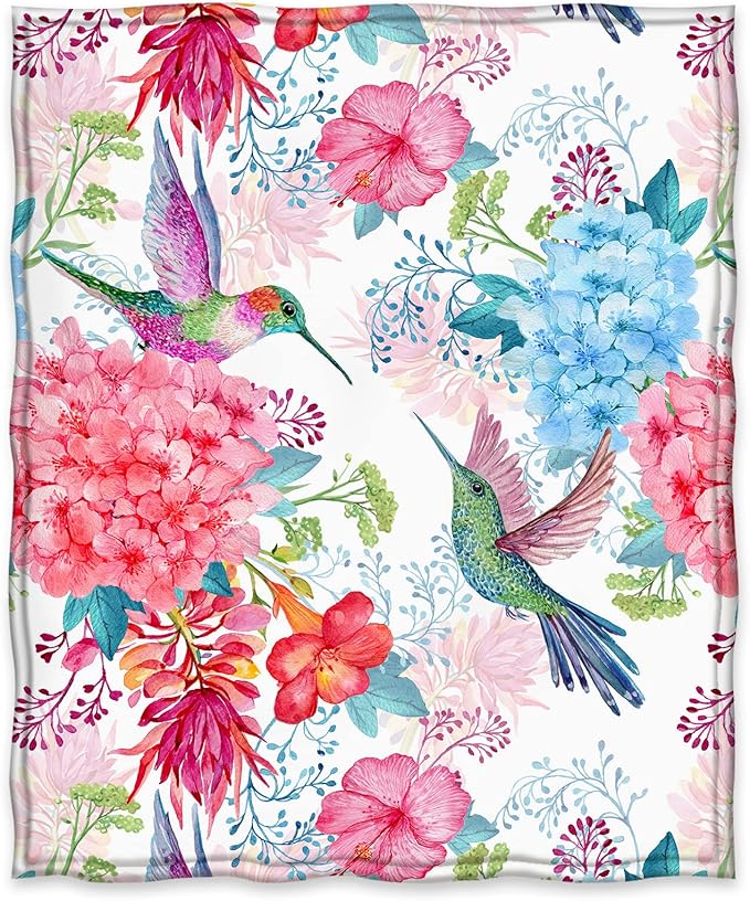 Jekeno Hummingbird Floral Blanket Bird Colorful Flowers Christian Blanket Birthday Christmas for Women Men Mom Wife Girls Bedroom Living Room Mother's Day Decor Plush Throw 60"x80"