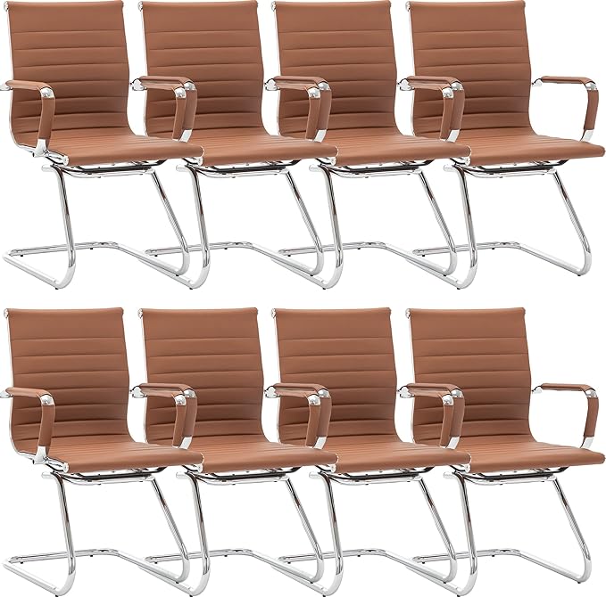 Wahson Office Guest Chairs Set of 8, Leather Reception Chairs, Mid Back Waiting Room Chair, Conference Chairs with Sled Base, Desk Chair No Wheels for Meeting/Lobby/Restroom, Coffee