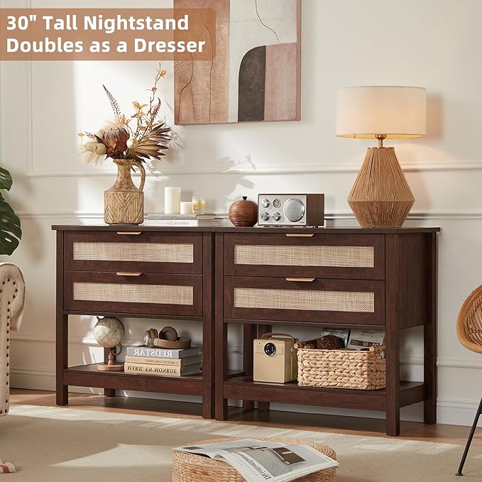 LEYAOYAO 31.5" Wide Rattan Night Stand, Oversized Large Walnut Nightstand with 2 Drawer, Boho Bed Side End Tables with Storage Shelf, Tall Bedside Table for Bedroom Living Room, Hallway