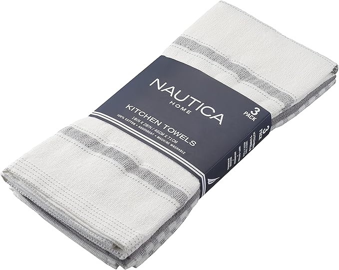 Nautica 100% Cotton Kitchen Towels | Super Absorbent Reusable Cleaning Cloths, Tea Towels, Hand Towels for Drying Dishes | Set of 3 | 18" X 28" | Grey Stripe/White
