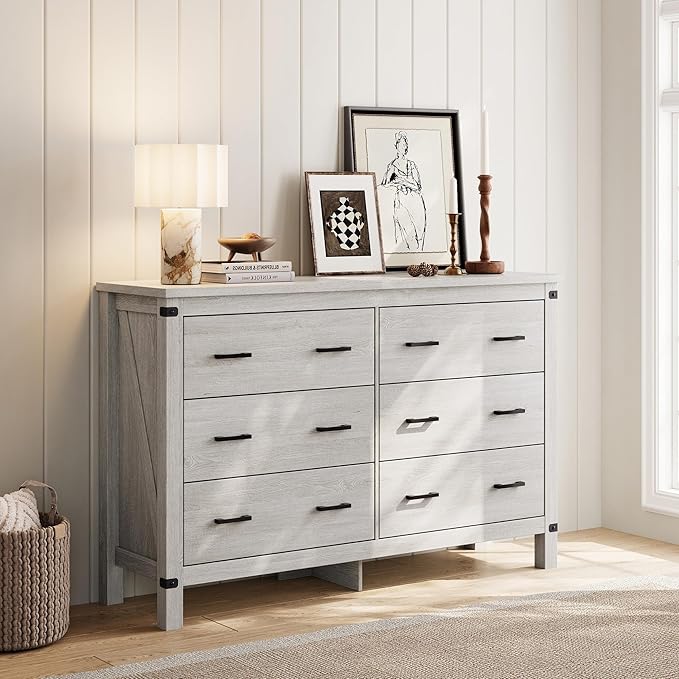LINSY HOME Farmhouse 6 Drawer Double Dresser for Bedroom, 53” Wide Rustic Wood Chest with Deep Drawers, Modern Dressers with Storage and Metal Handles for Closet, Living Room, Hallway, Wash Grey