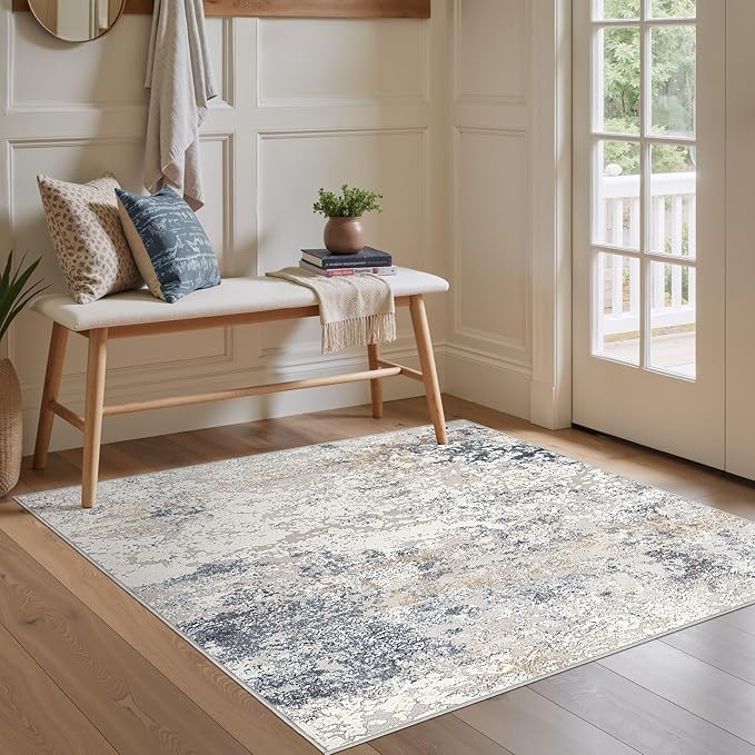 Square Area Rug Living Room Rugs - 5x5 Washable Large Soft Indoor Neutral Modern Abstract Low Pile Rug Carpet for Bedroom Dining Room Farmhouse Home Office - Beige Blue