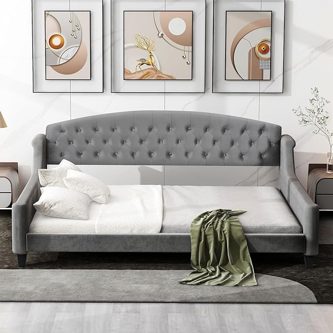 Favfurish Full Size Modern Luxury Tufted Button Daybed, Stylish Wood Upholstered Day Bed,No Box Spring Required, Easy Assembly,for Bedroom,Living Room and Guest Room,Den,Office,Gray