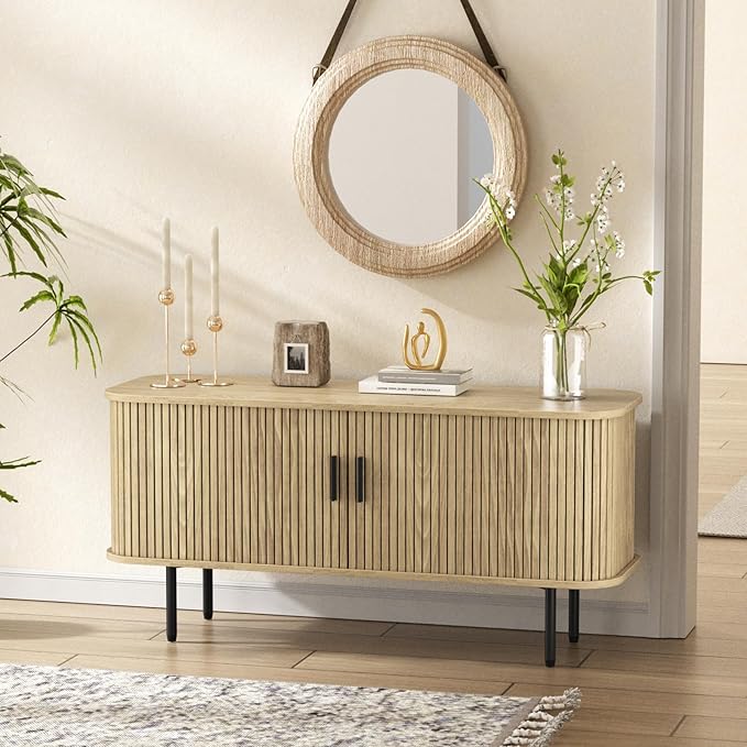 47''W Natural Storage Cabinet, Media Console, Tambour TV Stand; Sliding Door, Fluted Cabinet, Buffet Sideboard, Credenza, Table Stand for Living Room, Kitchen