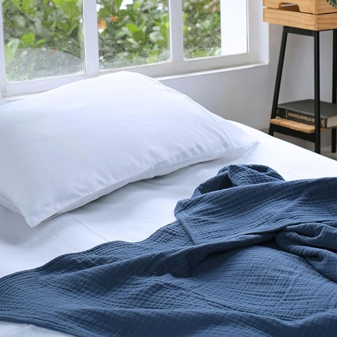Salt Earth 100% Cotton Muslin Blanket, Gauze Blanket 80"X90" Queen, 4 Layered for Couch, Bed, Living Room,Lightweight & All Seasons Blankets & Throws, Easy to wash,Nature & Skin Friendly(Navy Blue)